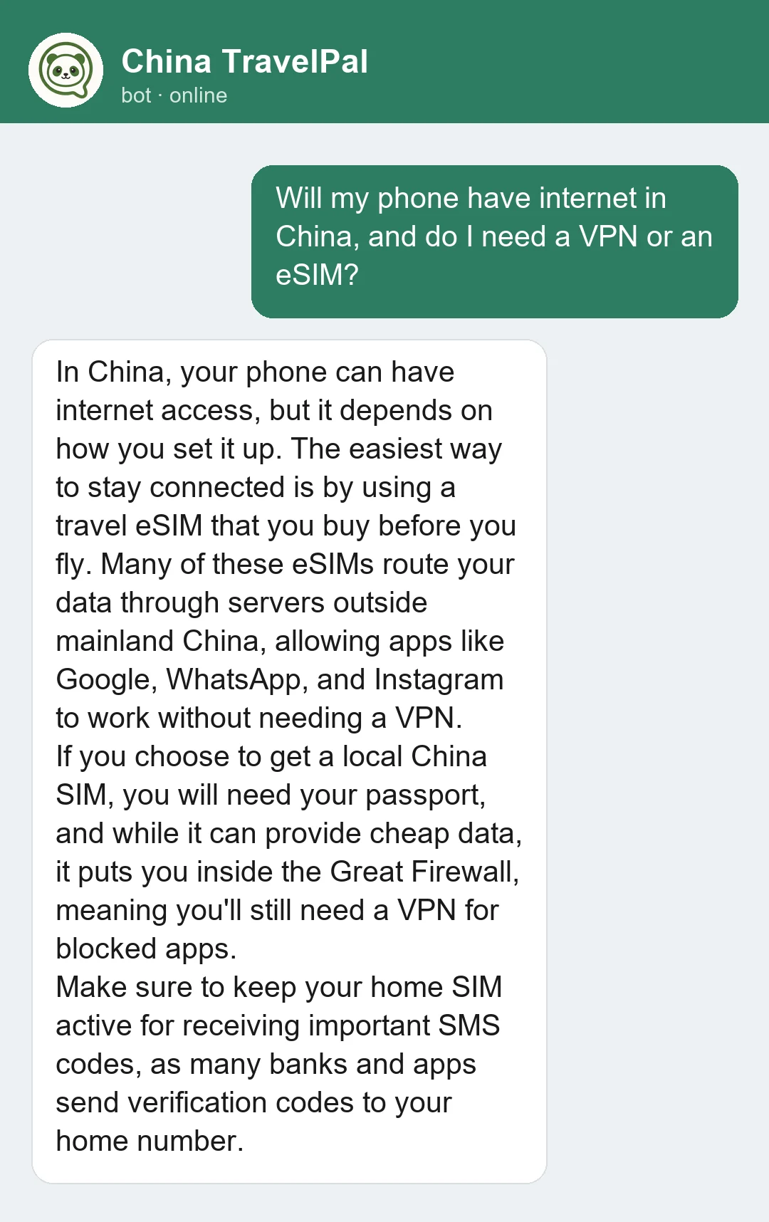 China TravelPal explaining that a travel eSIM bought before you fly routes data outside mainland China so Google, WhatsApp and Instagram work without a VPN, while a local China SIM leaves you inside the Great Firewall.