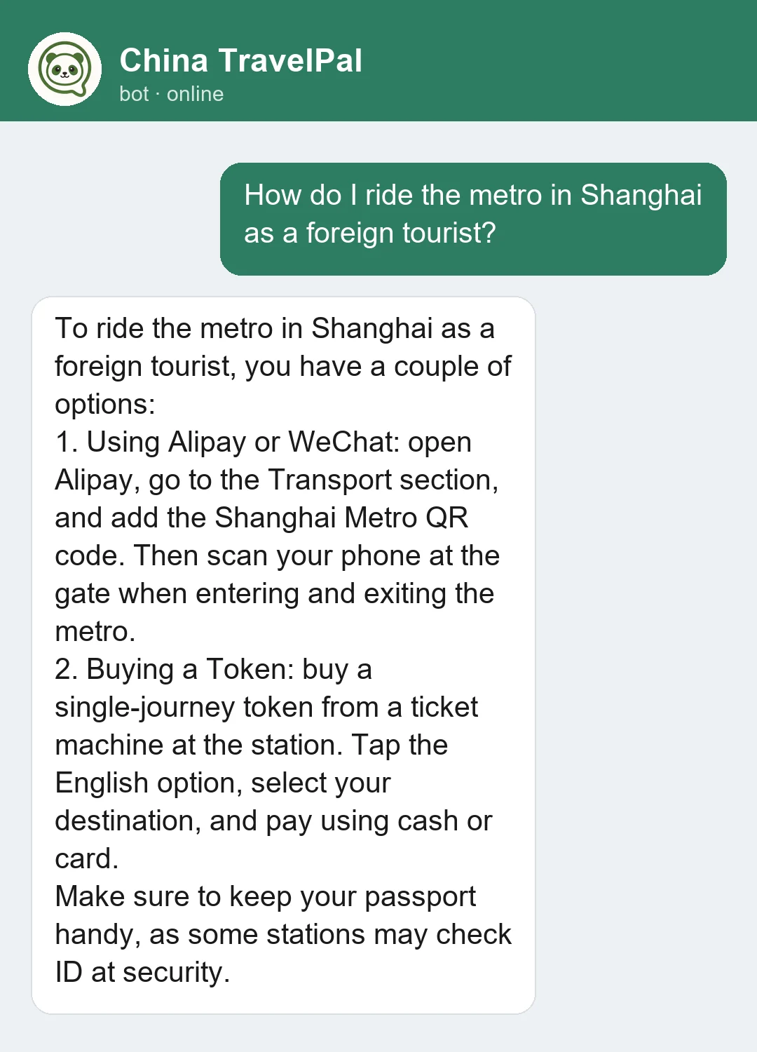 China TravelPal explaining how to ride the Shanghai metro as a tourist — add the metro QR code in Alipay or WeChat and scan at the gate, or buy a single-journey token from a machine using the English option.