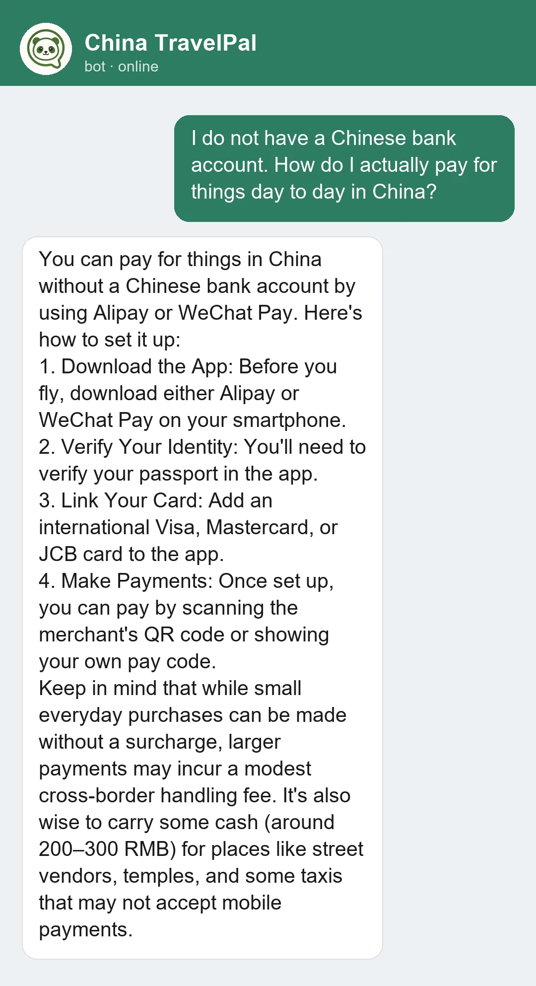 China TravelPal on Telegram explaining how to pay in China without a Chinese bank account — link a foreign Visa, Mastercard or JCB to Alipay or WeChat Pay, scan QR codes, and carry 200–300 RMB in cash for street vendors.